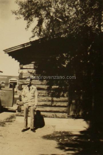 Peter Provenzano Photo Album Image_copy_161.jpg - Peter Provenzano in front of a cabin at Yellowstone National Park, 1942.
Peter and Fay Provenzano vacationed at Yellowstone National Park while driving across the United States from Chicago, Illinois to Scramento, California.